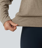 Hooded Dropped Long Sleeve Crossover Wrapped Yoga Sports Top — Timber Wolf — view 6