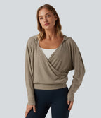 Hooded Dropped Long Sleeve Crossover Wrapped Yoga Sports Top — Timber Wolf — view 4