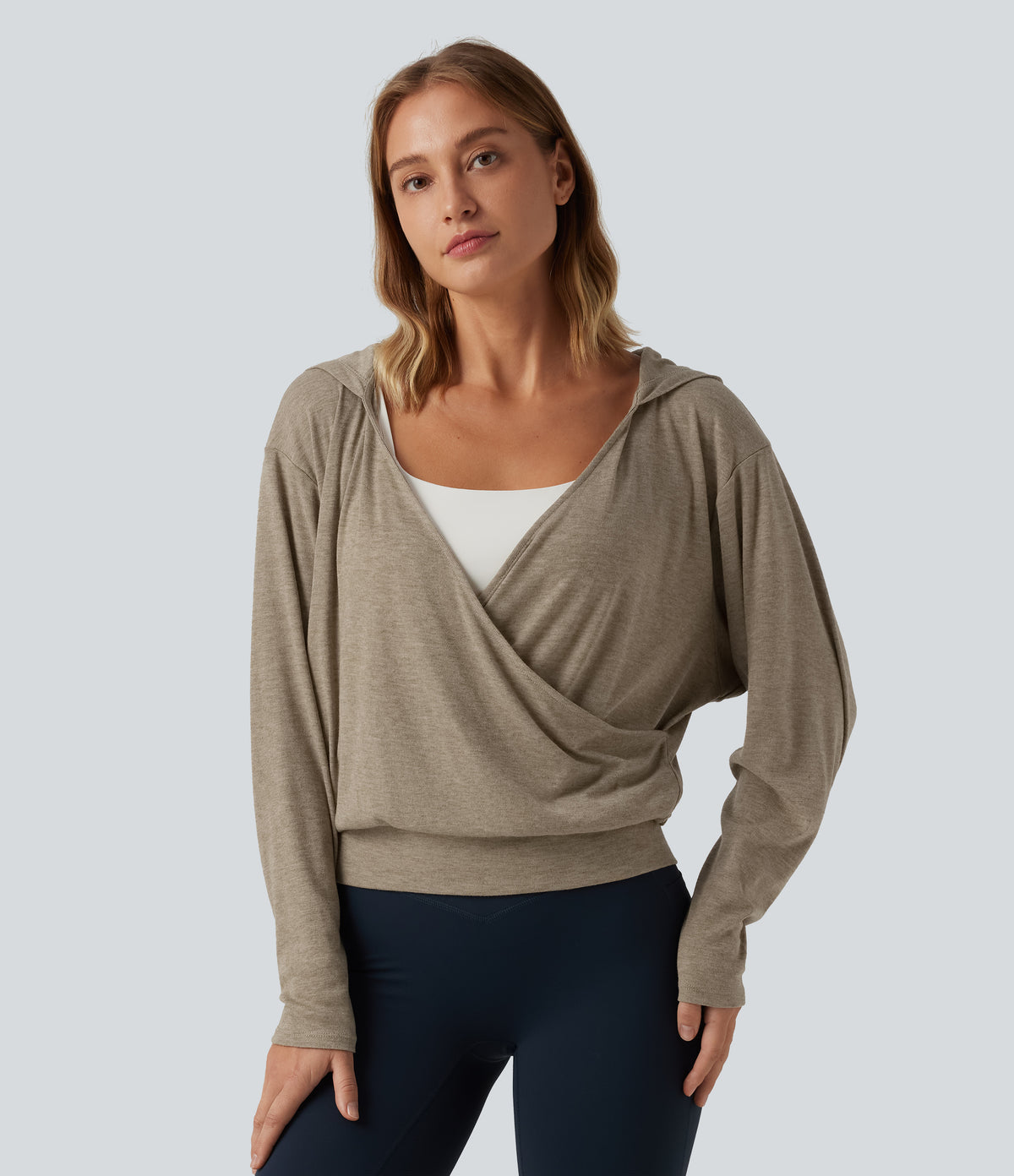 Hooded Dropped Long Sleeve Crossover Wrapped Yoga Sports Top — Timber Wolf — view 4