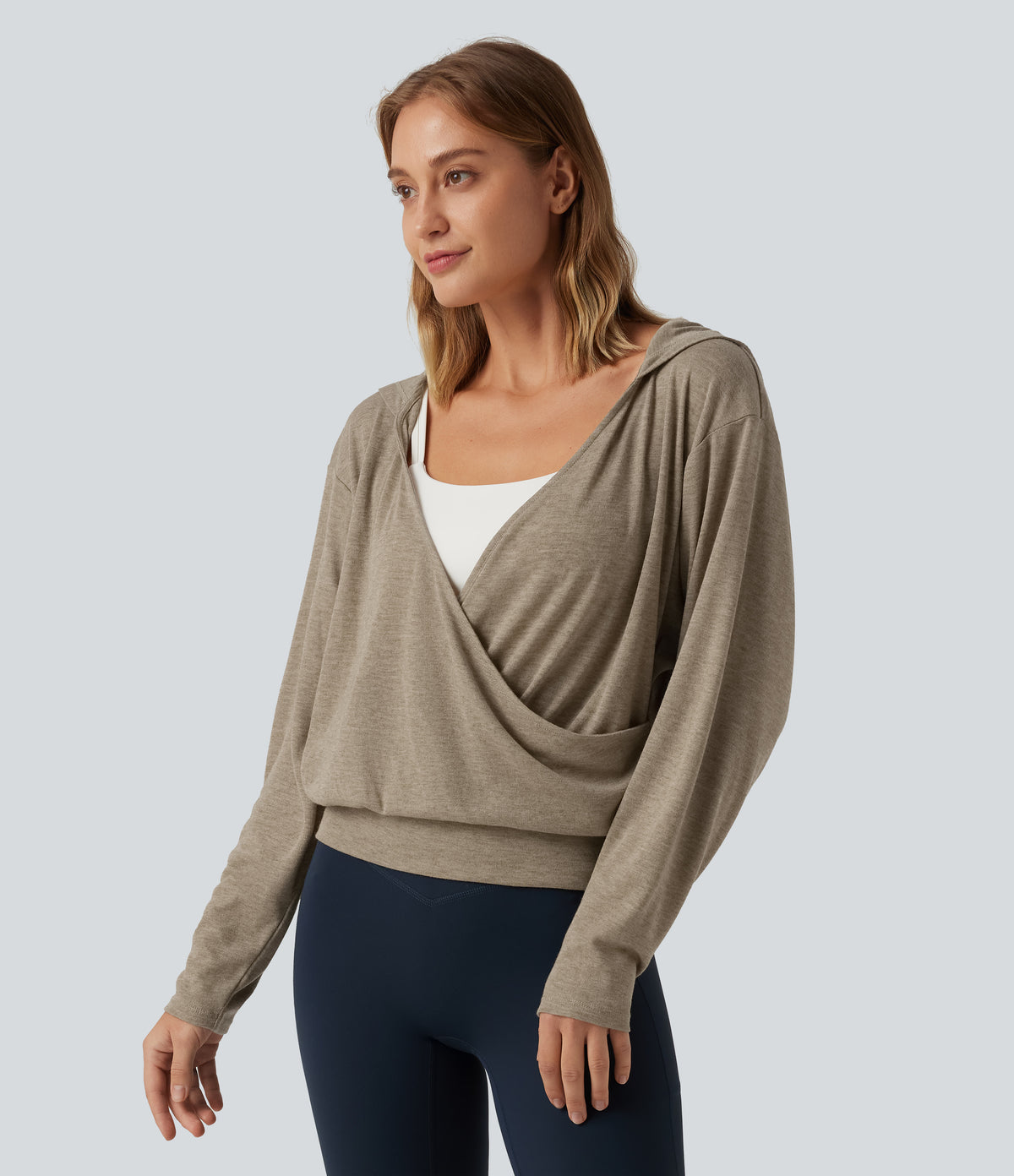 Hooded Dropped Long Sleeve Crossover Wrapped Yoga Sports Top — Timber Wolf — view 3