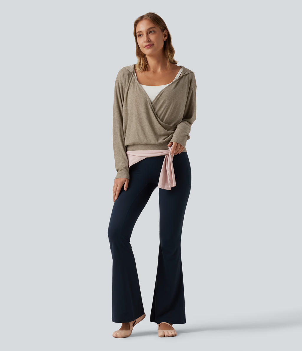 Hooded Dropped Long Sleeve Crossover Wrapped Yoga Sports Top — Timber Wolf — view 7