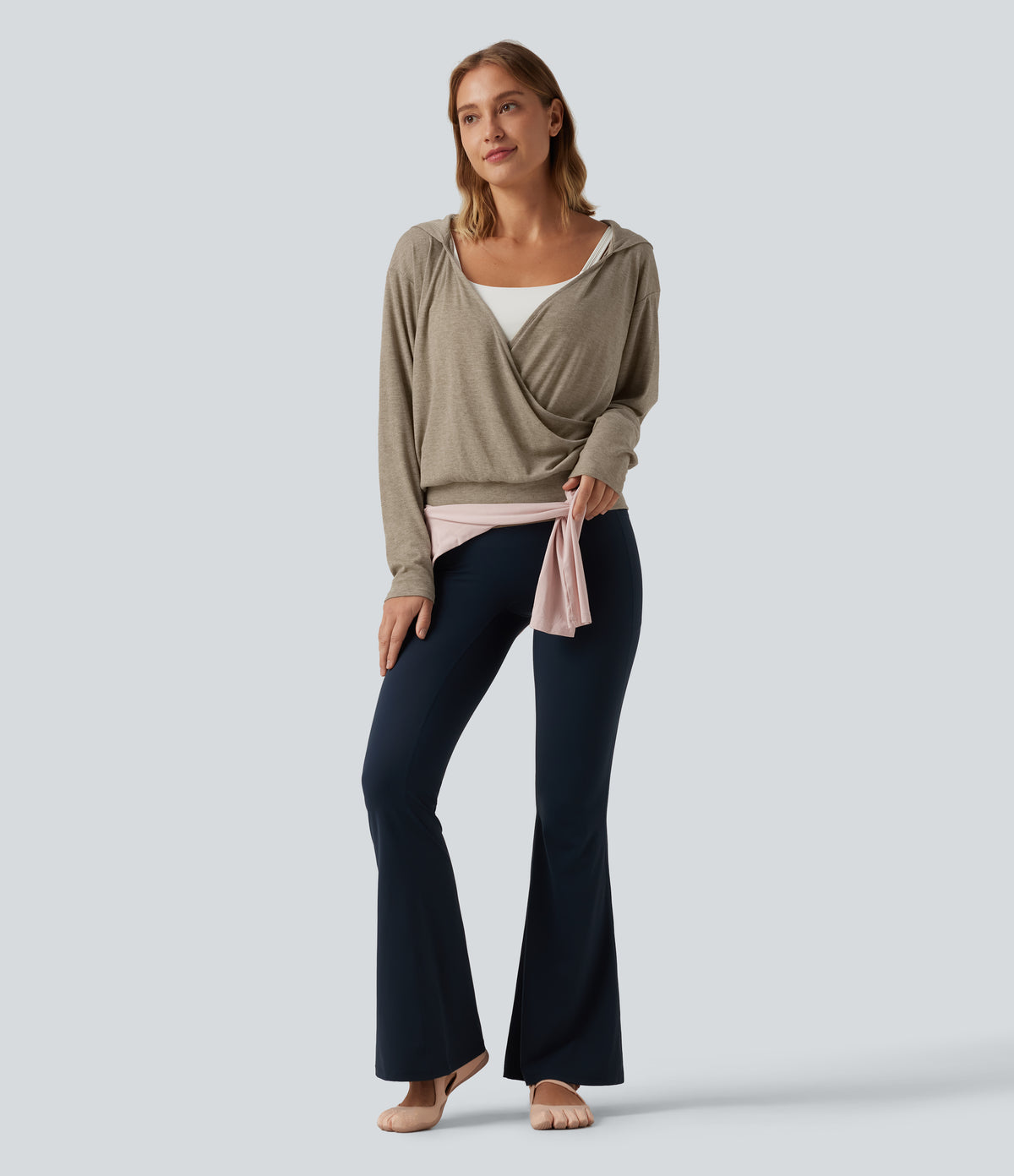 Hooded Dropped Long Sleeve Crossover Wrapped Yoga Sports Top — Timber Wolf — view 7