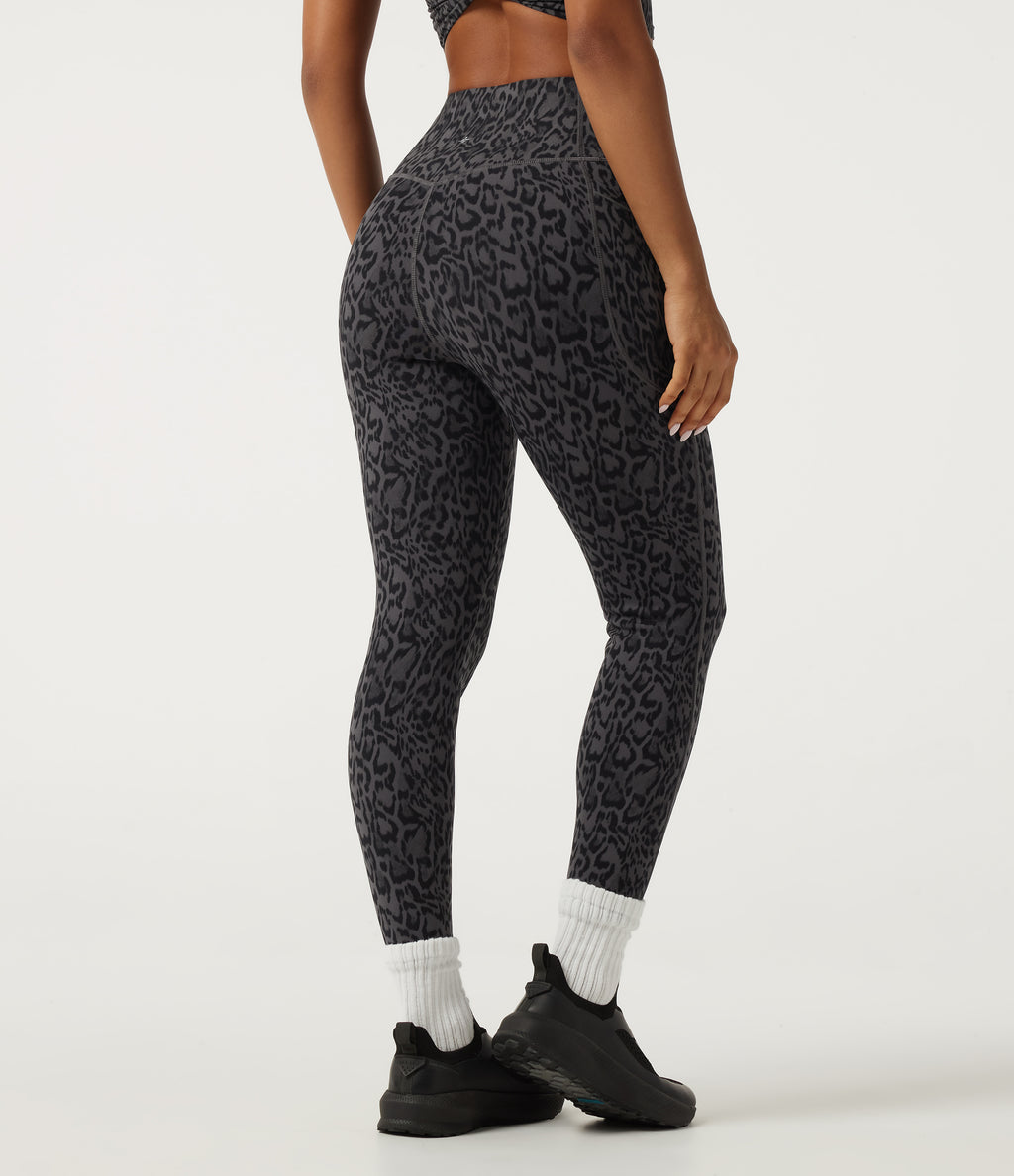 Extra Heat Leopard Print High Waisted Tummy Control Fleece Workout Leggings with Pockets — Shadow Leopard — view 3