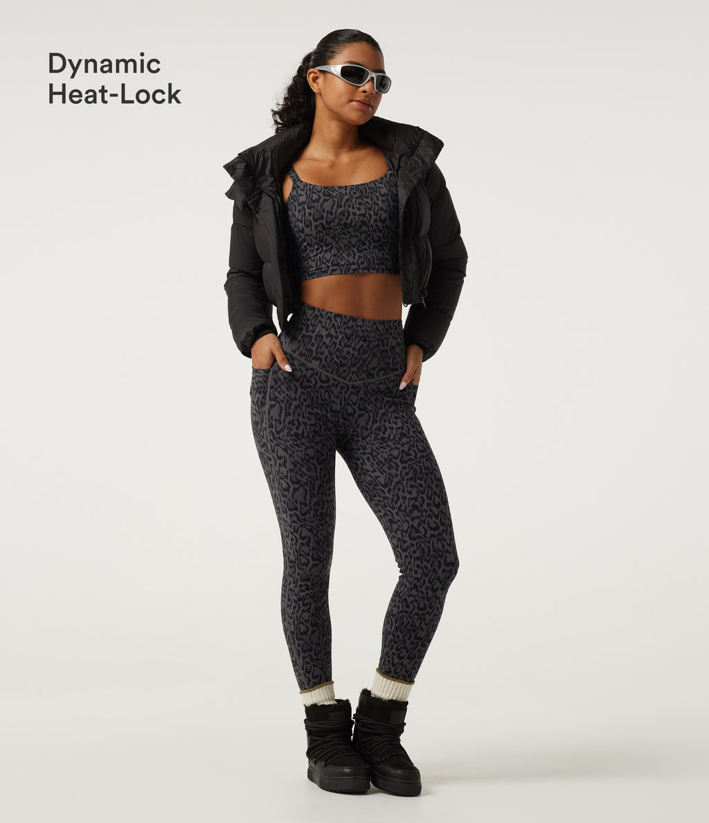 Extra Heat Leopard Print High Waisted Tummy Control Fleece Workout Leggings with Pockets — Shadow Leopard — view 4