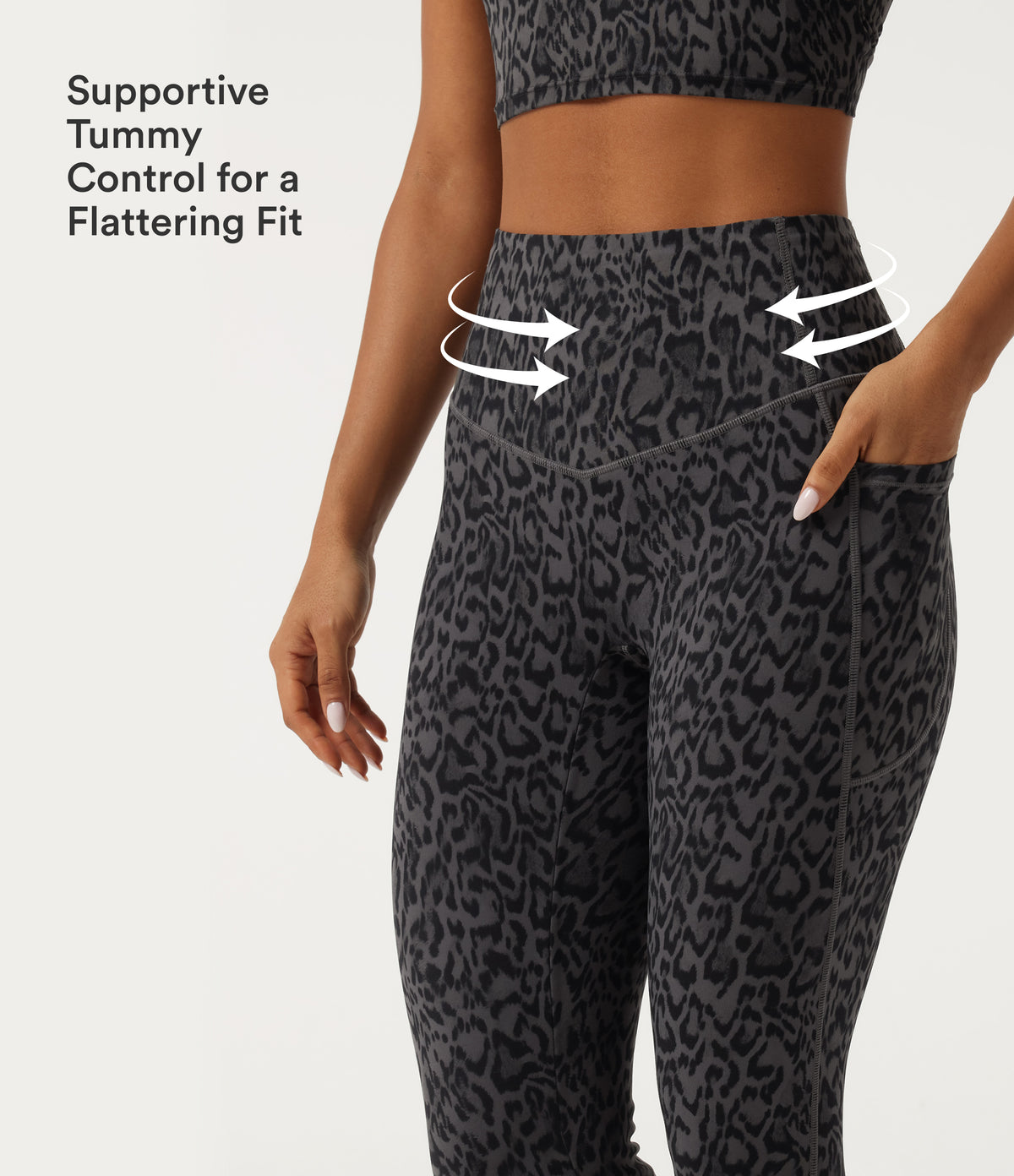 Extra Heat Leopard Print High Waisted Tummy Control Fleece Workout Leggings with Pockets — Shadow Leopard — view 5