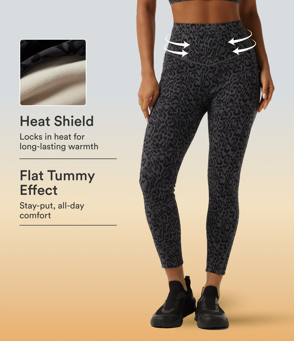 Extra Heat Leopard Print High Waisted Tummy Control Fleece Workout Leggings with Pockets — Shadow Leopard — view 1