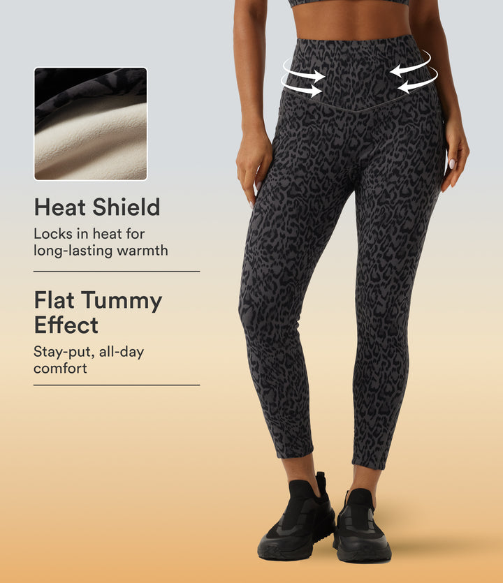 Extra Heat Leopard Print High Waisted Tummy Control Fleece Workout Leggings with Pockets — Shadow Leopard — view 1