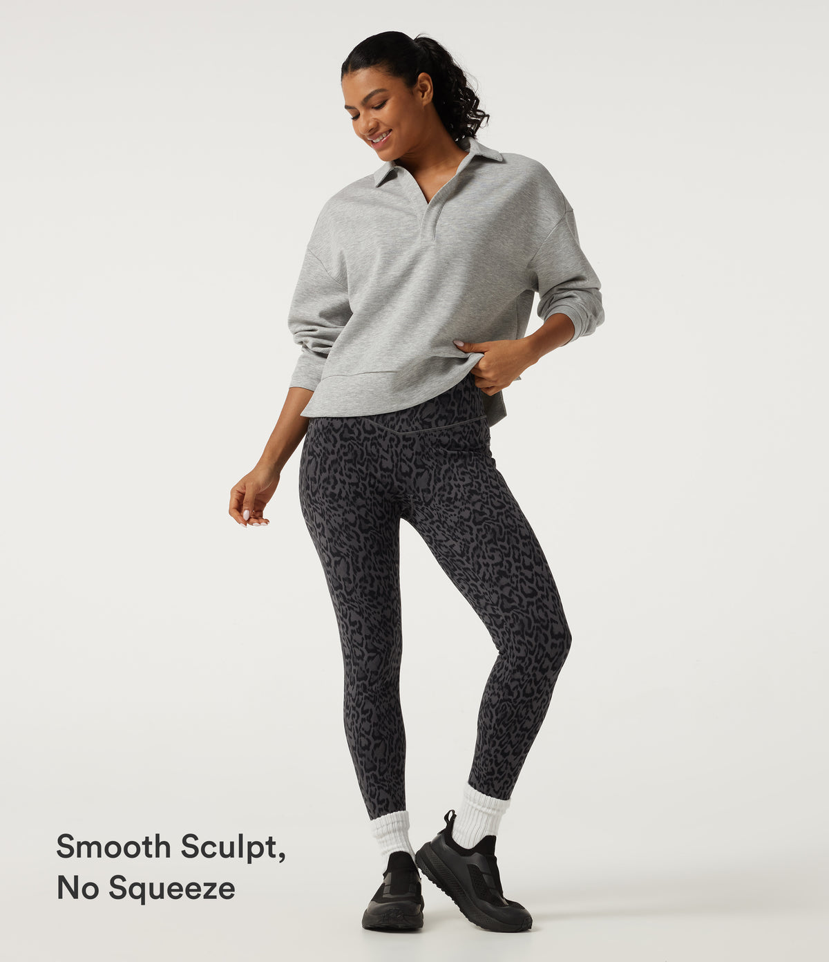 Extra Heat Leopard Print High Waisted Tummy Control Fleece Workout Leggings with Pockets — Shadow Leopard — view 7