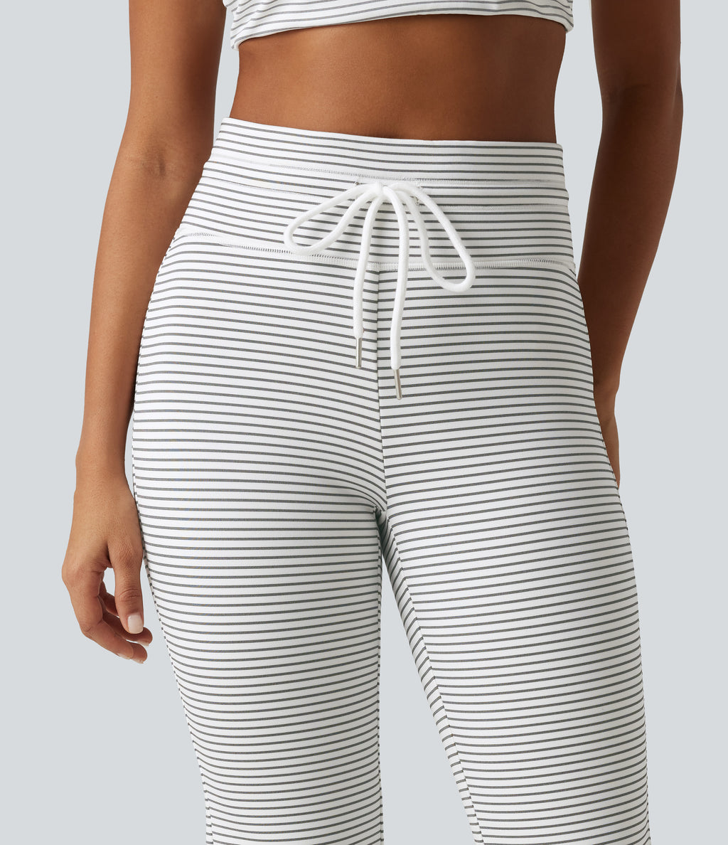 High Waisted Drawstring Flare Stripe Fleece Yoga Trousers with Pockets — Zebra Ripple — view 4