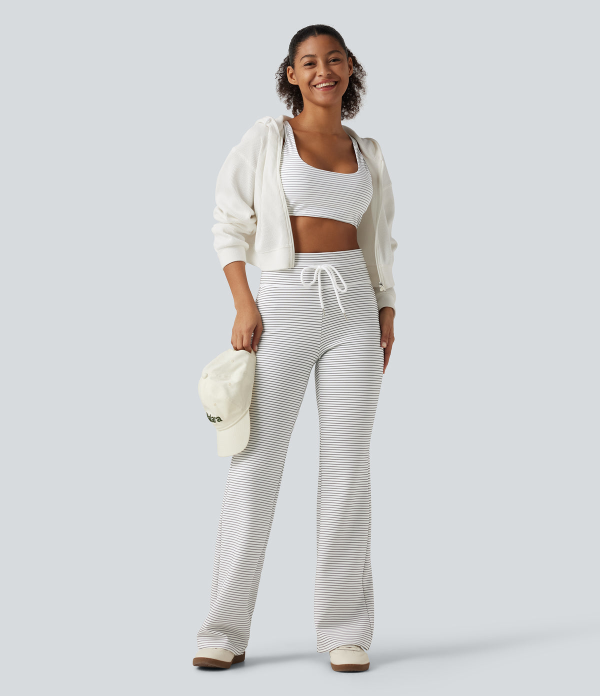 High Waisted Drawstring Flare Stripe Fleece Yoga Trousers with Pockets — Zebra Ripple — view 8