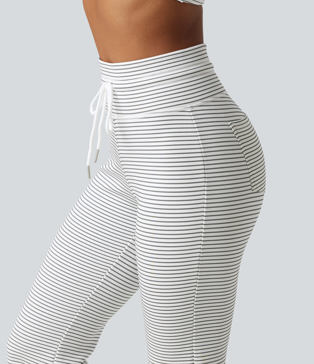 High Waisted Drawstring Flare Stripe Fleece Yoga Trousers with Pockets — Zebra Ripple — view 6