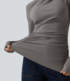 Boat Neck Long Sleeve Ruched Asymmetric Hem Thermal Casual Top — Mottled Cloud Grey — view 5