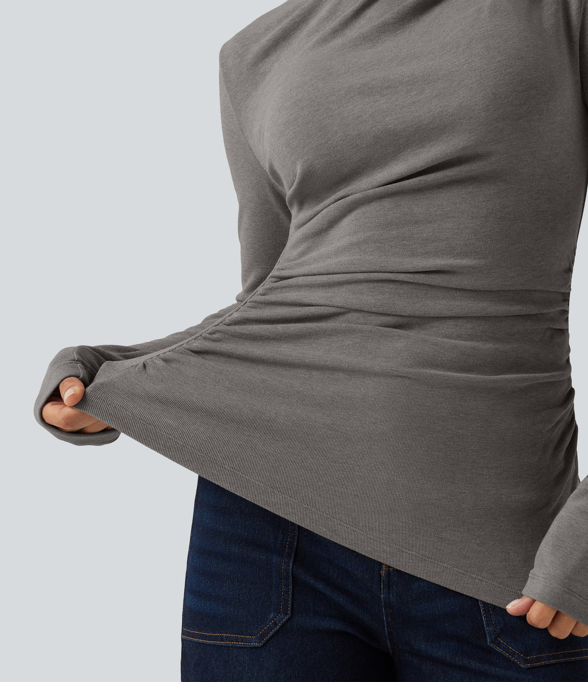 Boat Neck Long Sleeve Ruched Asymmetric Hem Thermal Casual Top — Mottled Cloud Grey — view 5