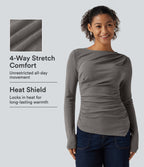 Boat Neck Long Sleeve Ruched Asymmetric Hem Thermal Casual Top — Mottled Cloud Grey — view 1