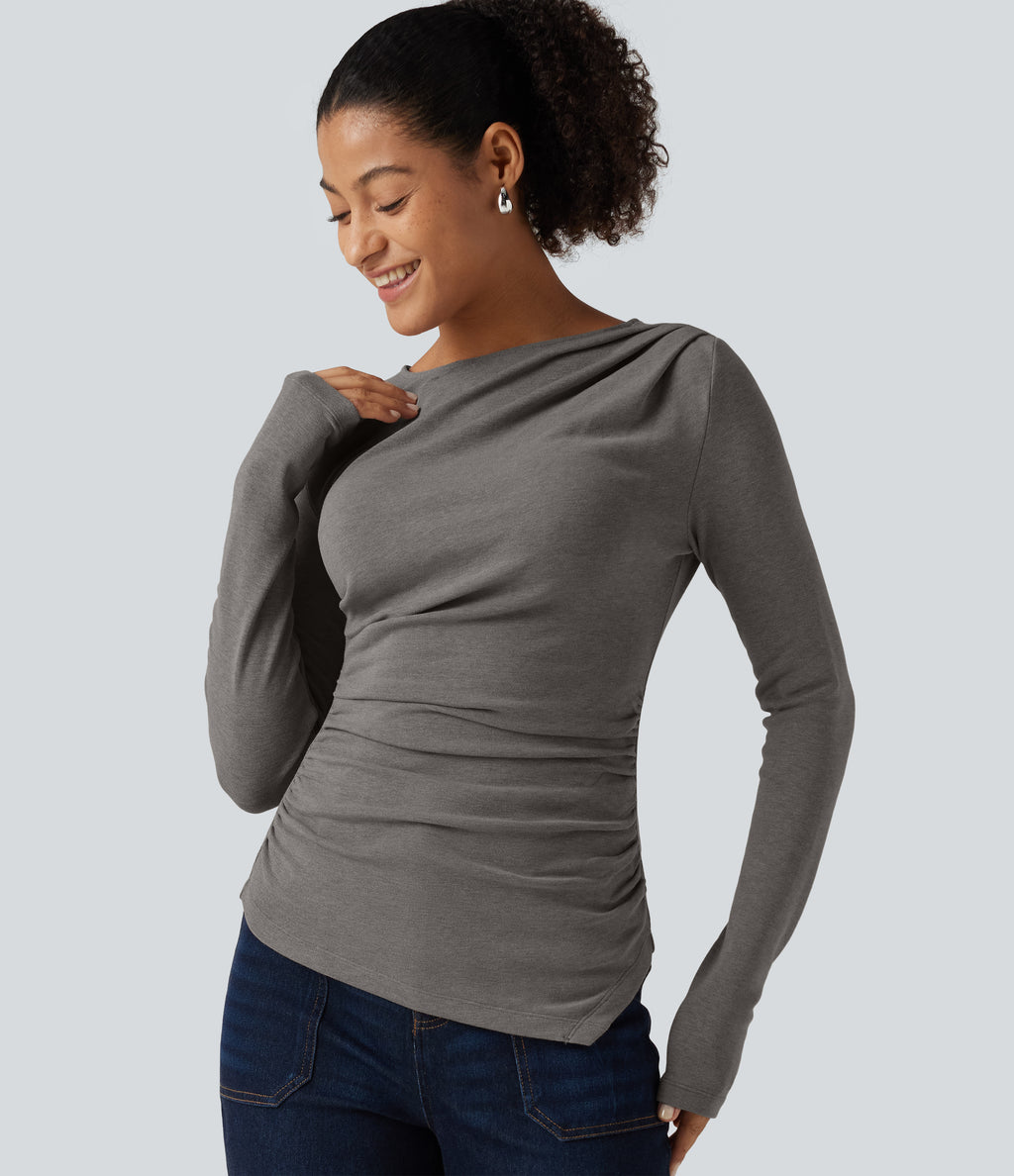 Boat Neck Long Sleeve Ruched Asymmetric Hem Thermal Casual Top — Mottled Cloud Grey — view 6