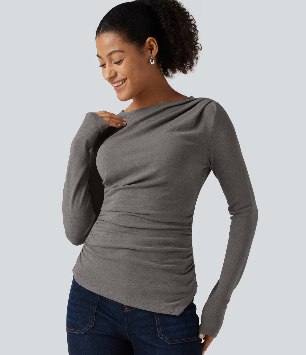 Boat Neck Long Sleeve Ruched Asymmetric Hem Thermal Casual Top — Mottled Cloud Grey — view 6