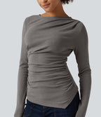 Boat Neck Long Sleeve Ruched Asymmetric Hem Thermal Casual Top — Mottled Cloud Grey — view 4