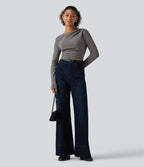 Boat Neck Long Sleeve Ruched Asymmetric Hem Thermal Casual Top — Mottled Cloud Grey — view 7