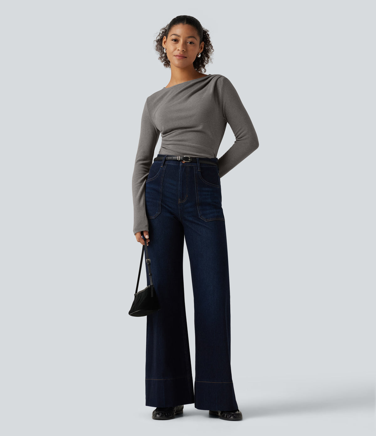 Boat Neck Long Sleeve Ruched Asymmetric Hem Thermal Casual Top — Mottled Cloud Grey — view 7