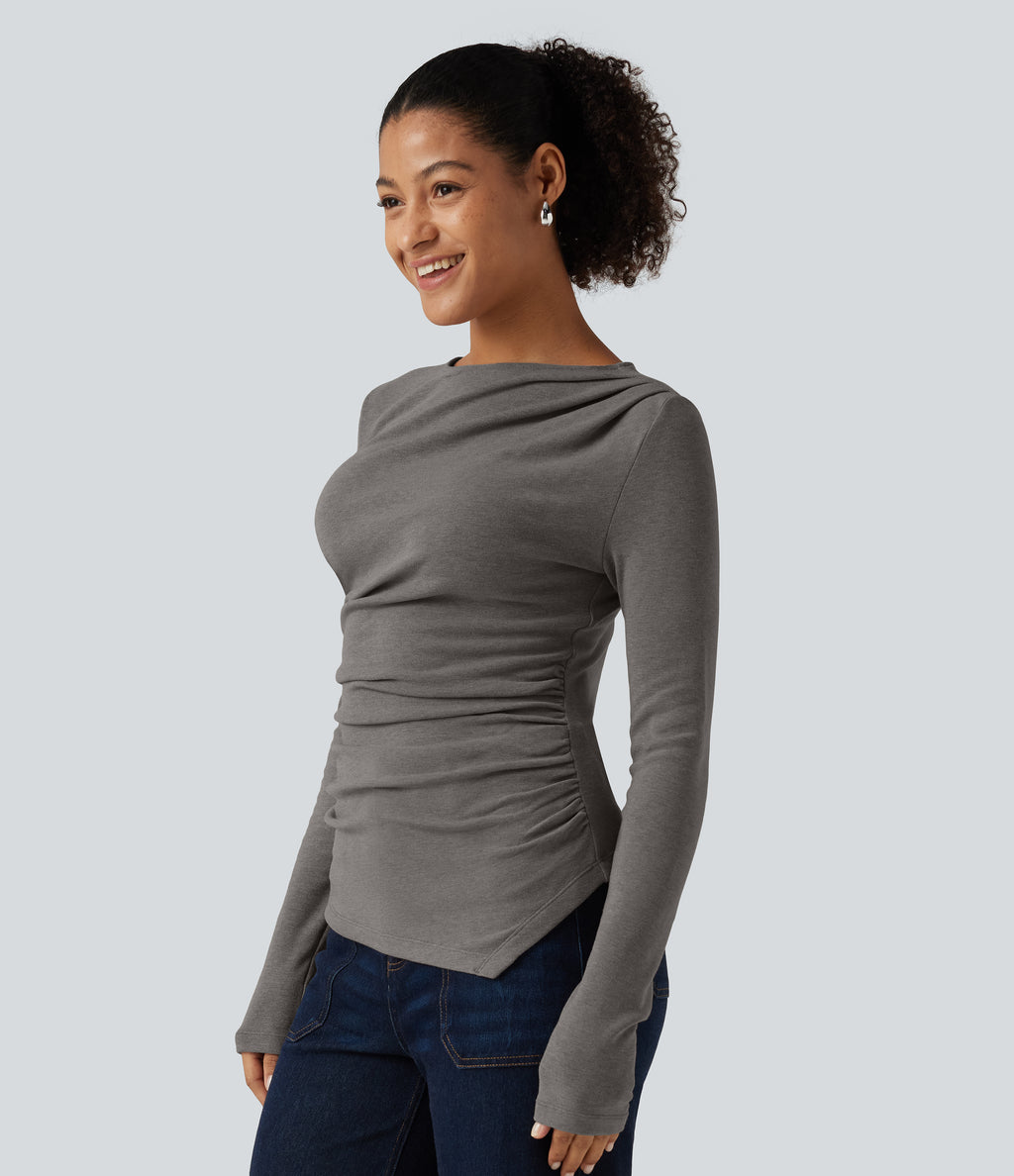 Boat Neck Long Sleeve Ruched Asymmetric Hem Thermal Casual Top — Mottled Cloud Grey — view 3