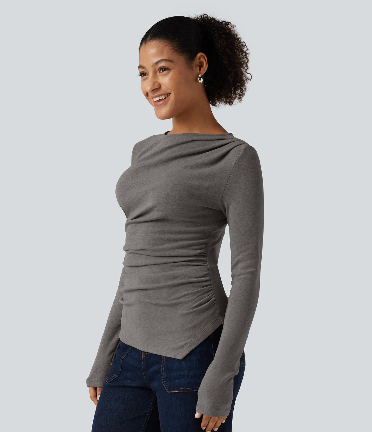 Boat Neck Long Sleeve Ruched Asymmetric Hem Thermal Casual Top — Mottled Cloud Grey — view 3