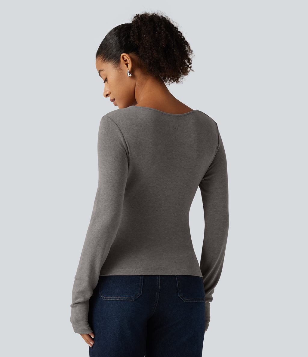 Boat Neck Long Sleeve Ruched Asymmetric Hem Thermal Casual Top — Mottled Cloud Grey — view 2