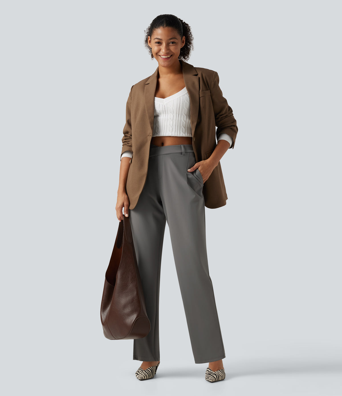 High Waisted Asymmetric Tapered Work Trousers with Pockets — Silent Storm — view 7
