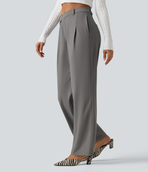 High Waisted Asymmetric Tapered Work Trousers with Pockets — Silent Storm — view 3
