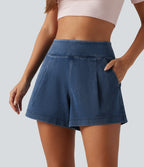 Mid Rise Wide Leg Casual Shorts 4" with Pockets — Estate Blue Denim — view 5