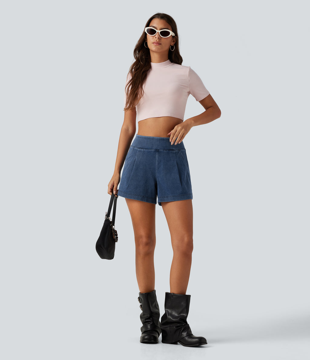 Mid Rise Wide Leg Casual Shorts 4" with Pockets — Estate Blue Denim — view 7