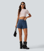 Mid Rise Wide Leg Casual Shorts 4" with Pockets — Estate Blue Denim — view 7