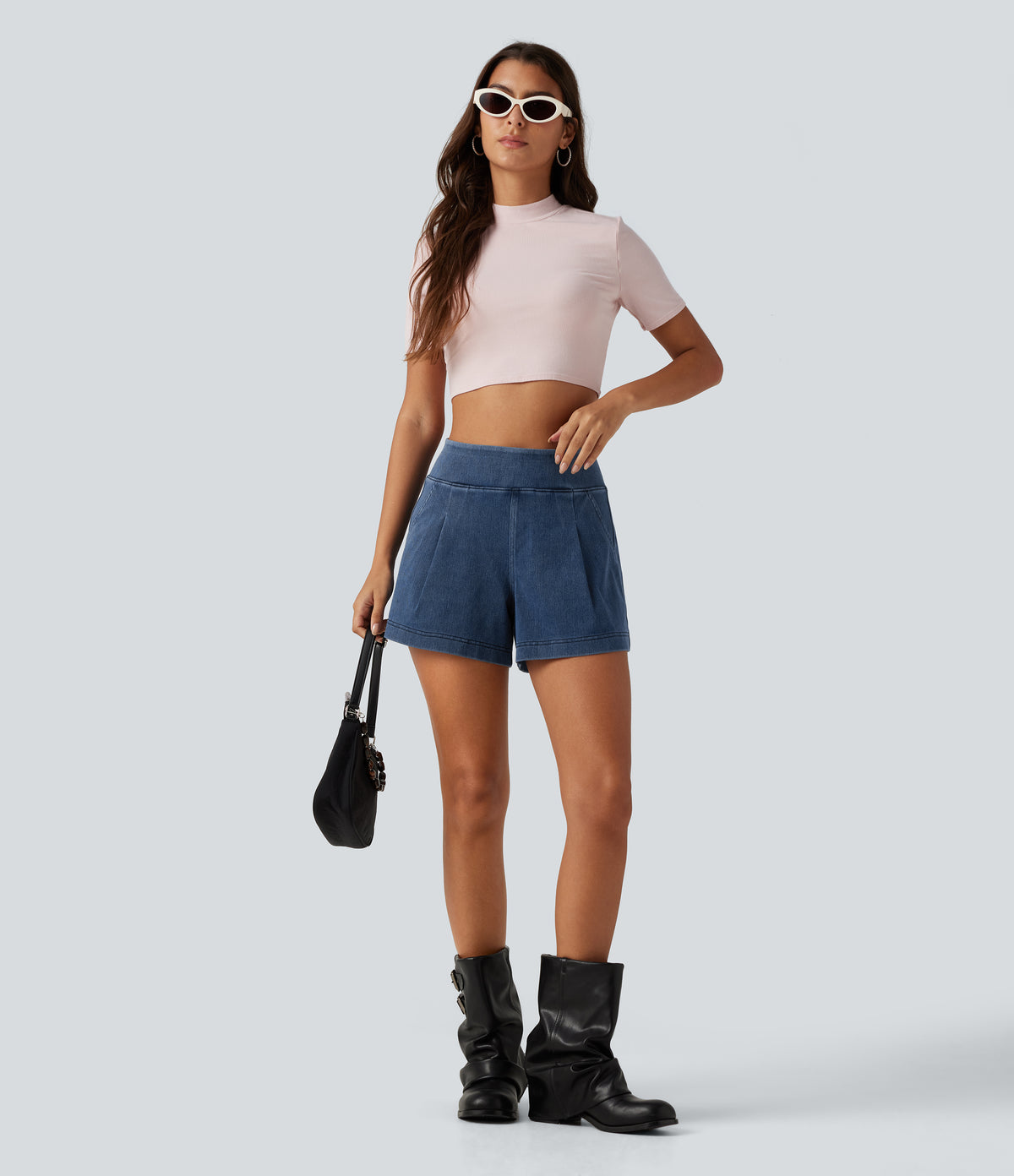 Mid Rise Wide Leg Casual Shorts 4" with Pockets — Estate Blue Denim — view 7