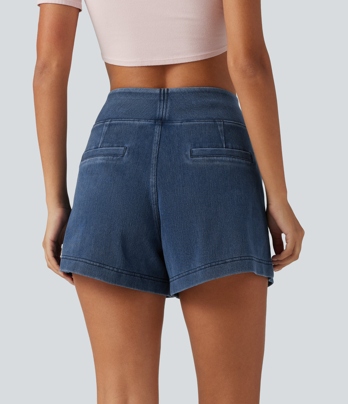 Mid Rise Wide Leg Casual Shorts 4" with Pockets — Estate Blue Denim — view 2