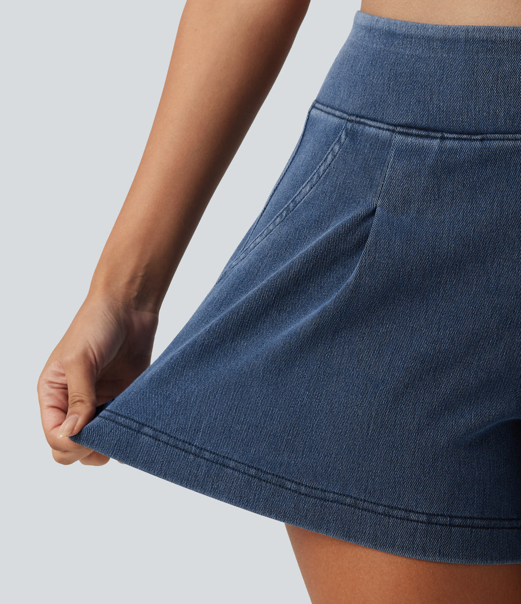 Mid Rise Wide Leg Casual Shorts 4" with Pockets — Estate Blue Denim — view 6