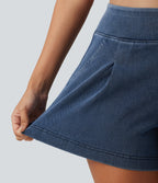 Mid Rise Wide Leg Casual Shorts 4" with Pockets — Estate Blue Denim — view 6