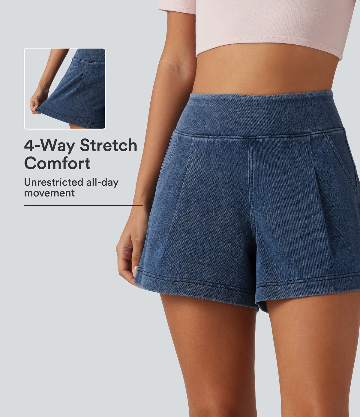 Mid Rise Wide Leg Casual Shorts 4" with Pockets — Estate Blue Denim — view 1