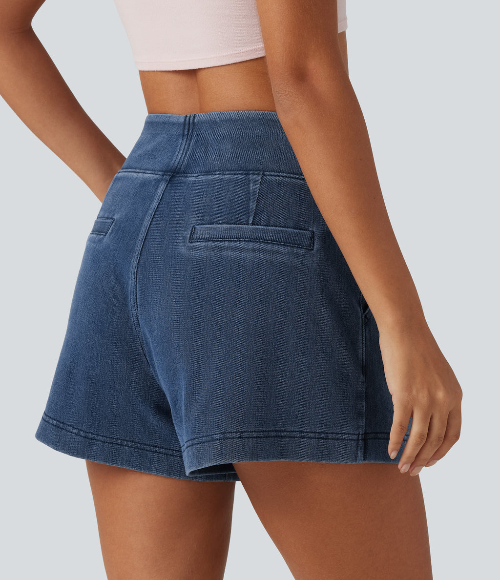 Mid Rise Wide Leg Casual Shorts 4" with Pockets — Estate Blue Denim — view 4