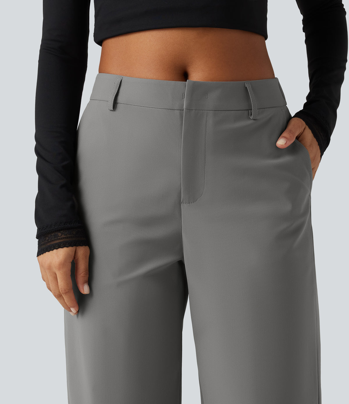 Wrinkle Recovery Mid Rise Straight Leg Work Trousers with Pockets — Silent Storm — view 4