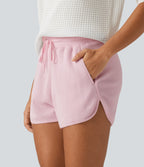 Mid Rise Drawstring Wide Leg Waffle Casual Cotton Shorts 3" with Pockets — Bashful Pink — view 5