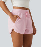 Mid Rise Drawstring Wide Leg Waffle Casual Cotton Shorts 3" with Pockets — Bashful Pink — view 4