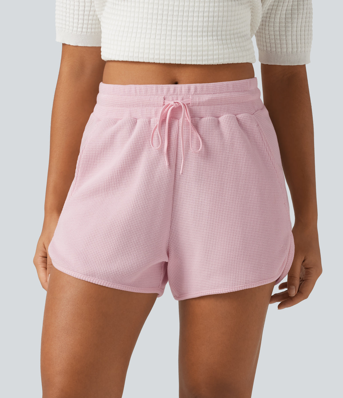 Mid Rise Drawstring Wide Leg Waffle Casual Cotton Shorts 3" with Pockets — Bashful Pink — view 1