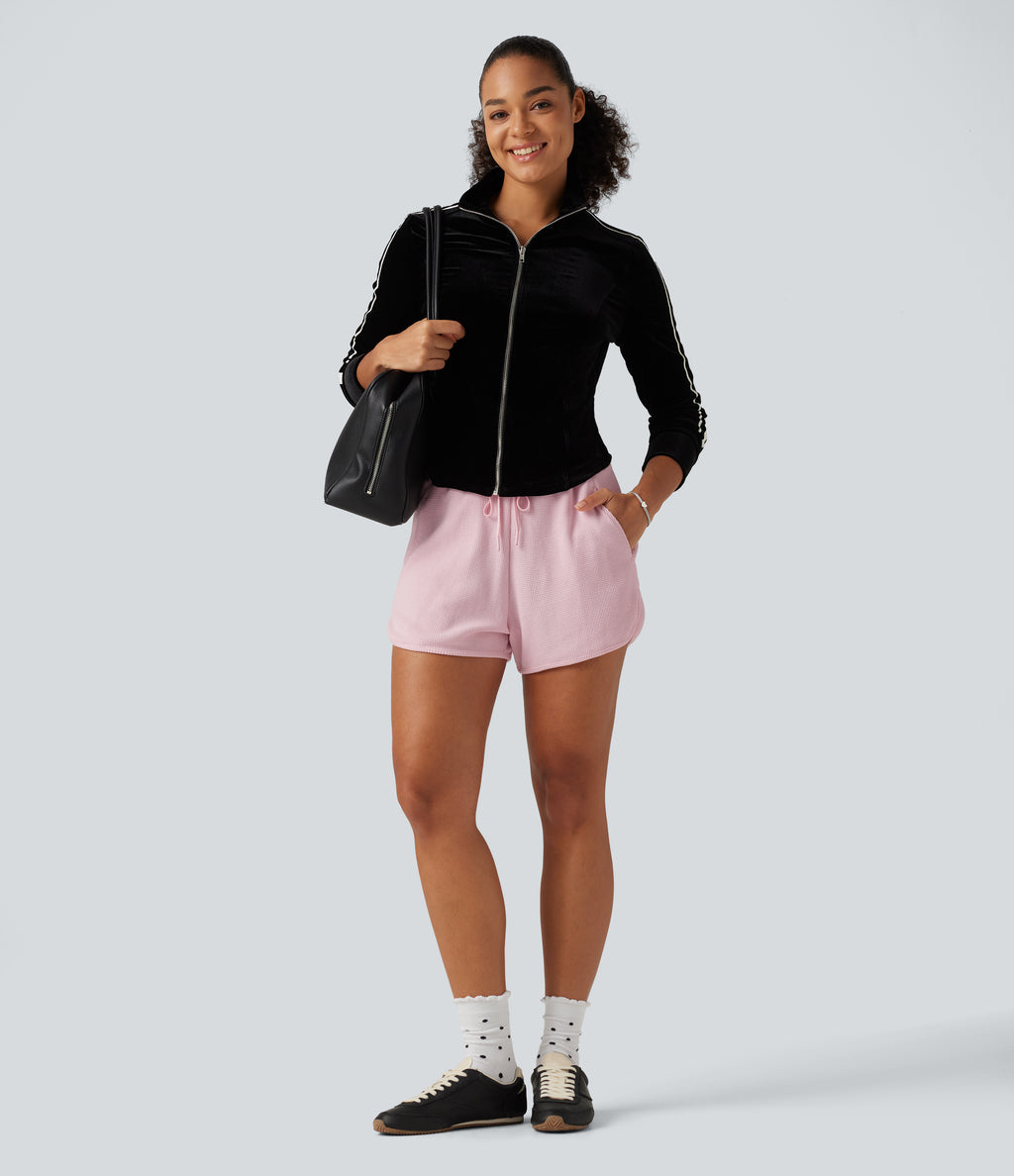 Mid Rise Drawstring Wide Leg Waffle Casual Cotton Shorts 3" with Pockets — Bashful Pink — view 6