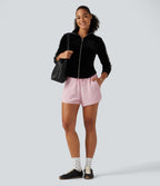 Mid Rise Drawstring Wide Leg Waffle Casual Cotton Shorts 3" with Pockets — Bashful Pink — view 6