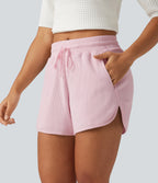 Mid Rise Drawstring Wide Leg Waffle Casual Cotton Shorts 3" with Pockets — Bashful Pink — view 3