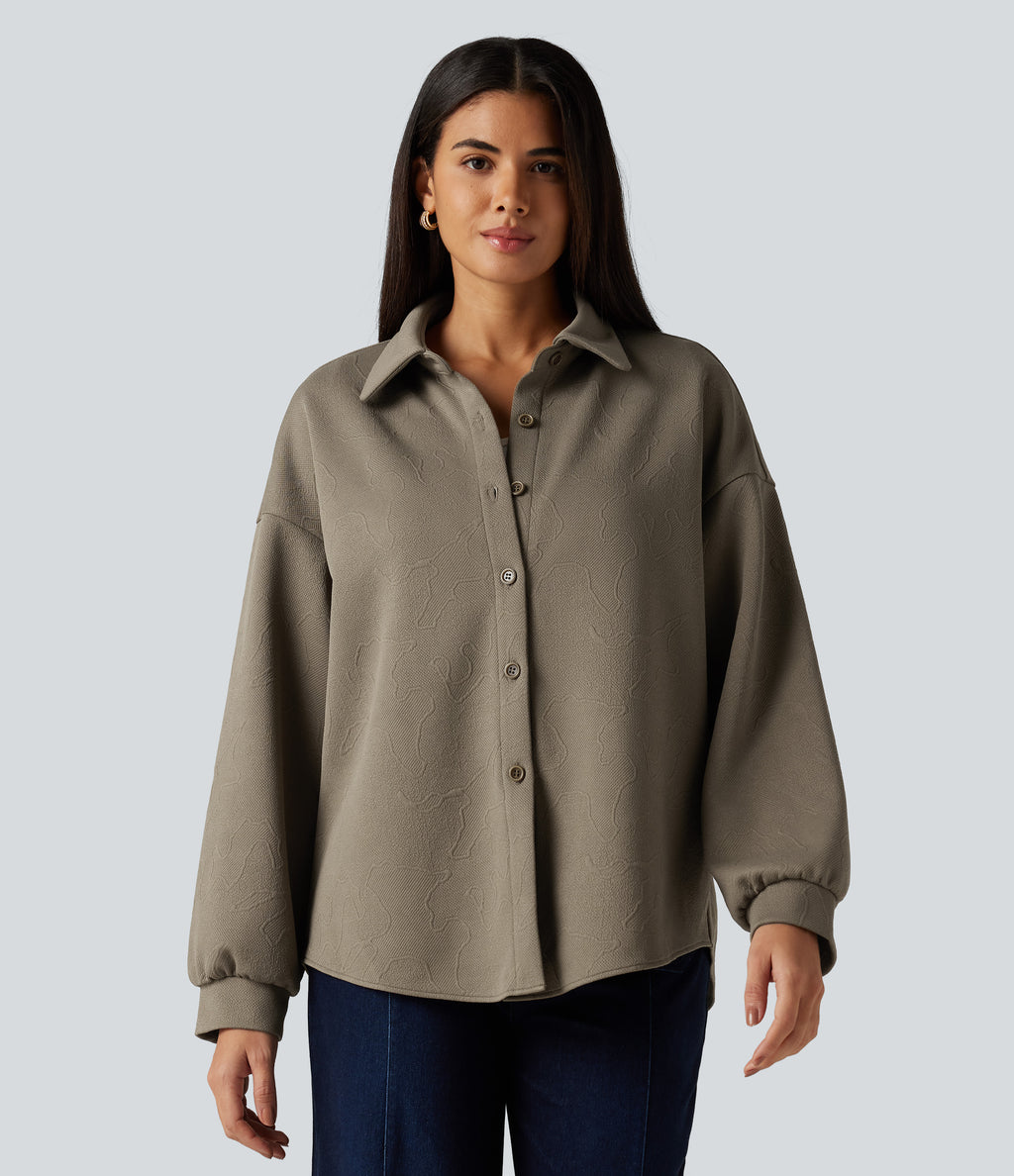Collared Long Sleeve Geometric Print Casual Shirt — Birch Brown — view 4