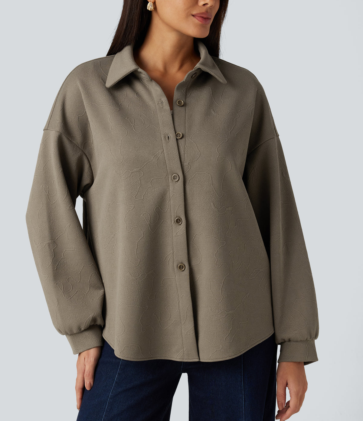 Collared Long Sleeve Geometric Print Casual Shirt — Birch Brown — view 6