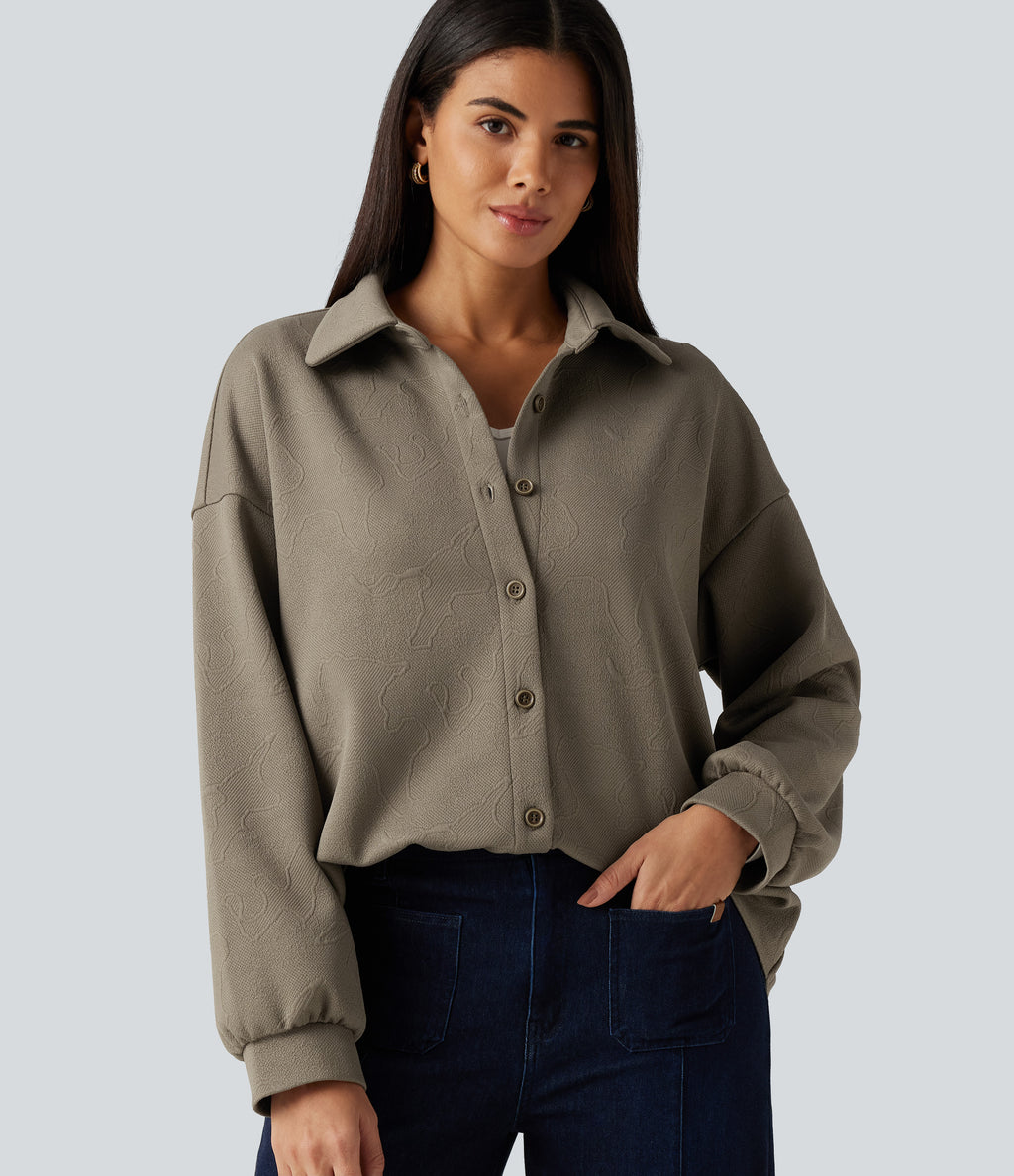 Collared Long Sleeve Geometric Print Casual Shirt — Birch Brown — view 1