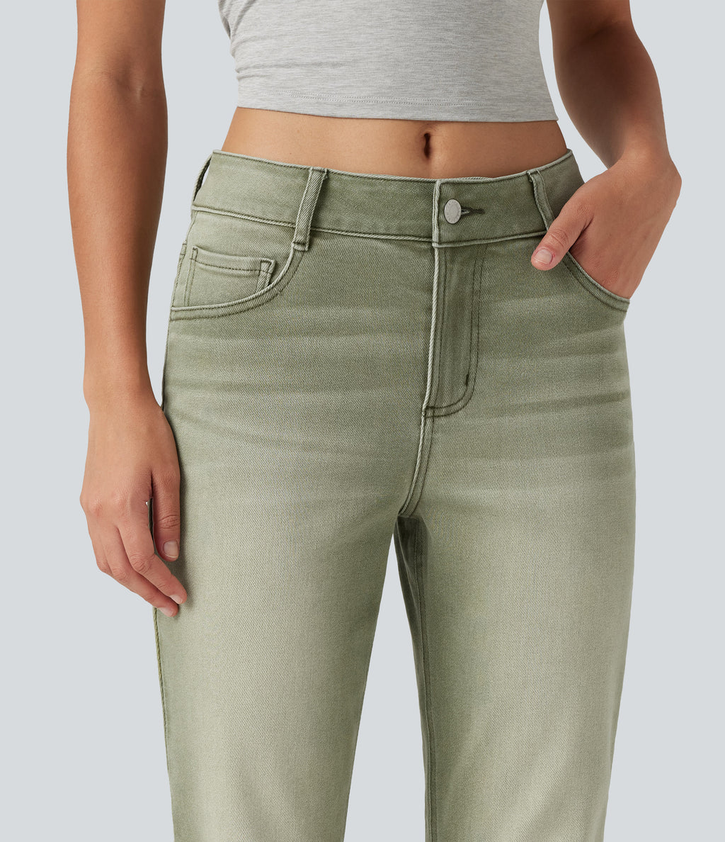 Low Rise Bootcut Colorful Casual Jeans with Pockets — Dune Moss — view 4