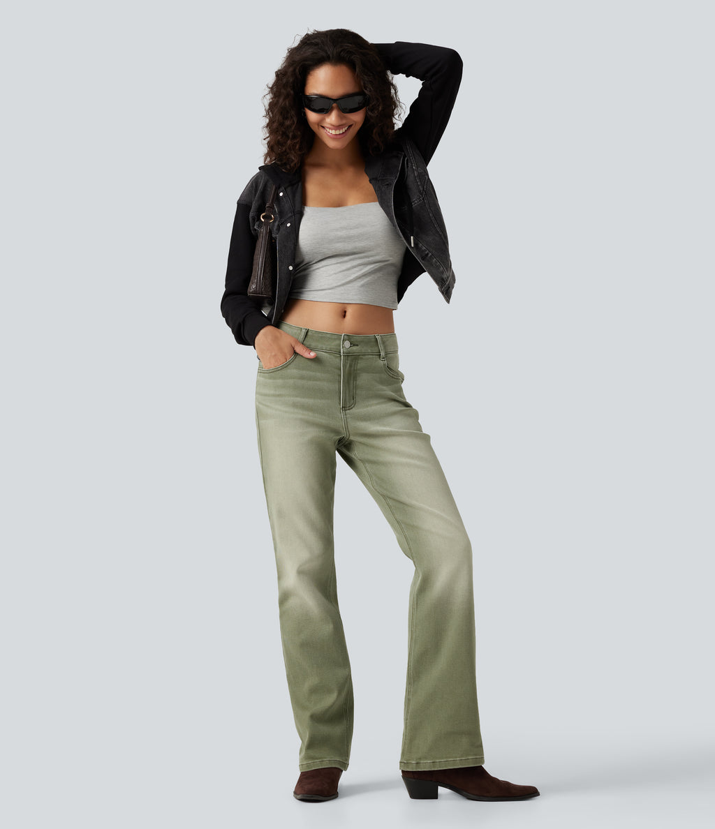 Low Rise Bootcut Colorful Casual Jeans with Pockets — Dune Moss — view 7