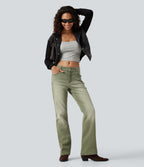 Low Rise Bootcut Colorful Casual Jeans with Pockets — Dune Moss — view 7